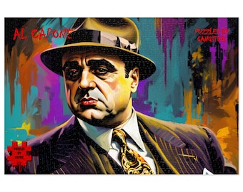 Könnte beinhalten: Ein farbenfrohes Porträt von Al Capone, einem berühmten Gangster, der einen braunen Fedora und einen gestreiften Anzug trägt. Der Hintergrund ist ein lebendiges abstraktes Design mit Spritzern in Blau, Lila, Gelb und Orange. Der Text "Puzzles by Gangsters" befindet sich in der oberen rechten Ecke.