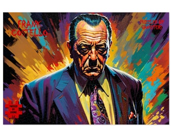 Könnte beinhalten: Ein farbenfrohes Puzzle mit einem Porträt von Frank Costello, einem berühmten Gangster. Das Puzzle trägt den Titel "Puzzled by Gangsters".