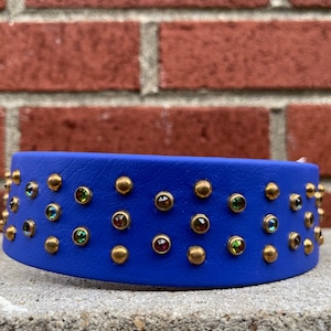 May include: A royal blue leather dog collar with gold studs and iridescent rhinestones.
