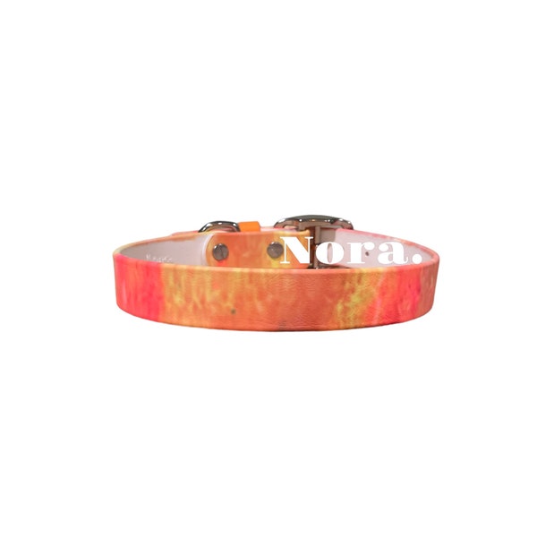 18.5” Hand Dyed BioThane Dog Collar in Orange & Yellow, Premade Waterproof Artisan Collar Sized 17-20”, 1” Wide