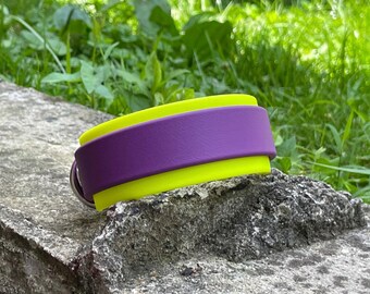12.25” Grape & Neon Yellow BioThane Collar, 1.5” wide with 1” Buckle and Silver Hardware, Premade Waterproof Dog Collar, Size 10.75-13.75”