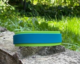 18” Aqua and Green Apple BioThane Collar, 1.5” wide with 1” Buckle and Silver Hardware, Premade Waterproof Dog Collar, Size 16.5-19.5”