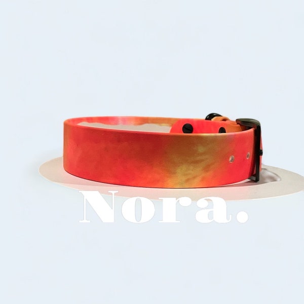 17” Hand Dyed BioThane Dog Collar in Orange & Yellow, Premade Waterproof Artisan Tie Dye Collar Sized 15.5-18.5”, 1.5” Wide