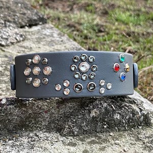 May include: A gray leather dog collar with silver studs and colorful rhinestones. The collar has a large rhinestone cluster in the center and smaller clusters on either side.