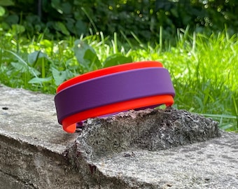 14.5” Grape Purple & Neon Orange BioThane Collar, 1.5” wide with 1” Buckle and Silver Hardware, Premade Waterproof Dog Collar, Size 13-16”