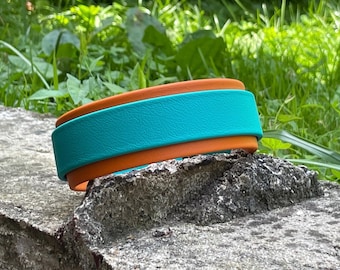 14.5” Teal and Burnt Orange BioThane Collar, 1.5” wide with 1” Buckle and Silver Hardware, Premade Waterproof Dog Collar, Size 13-16”