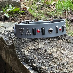 May include: A gray dog collar with black and red accents. The collar is decorated with silver studs and black and red gemstones.