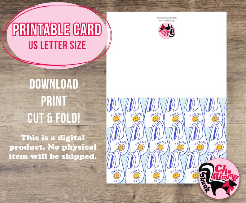 Printable Cute Thank You Card, Instant Download, 7 X 5" Digital Card ...