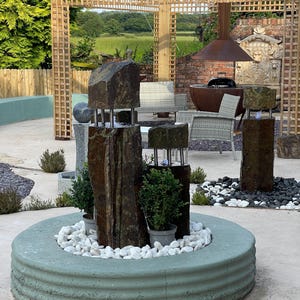 Basalt columns lantern water feature. Set of 3 as shown. Size: 60cm x 2, 90cm x 1, 90cm reservoir