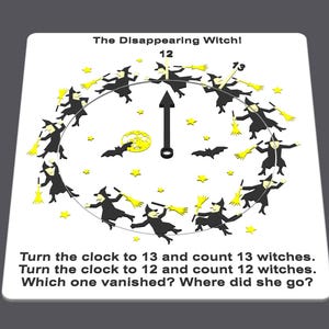 May include: A white clock face with a black hand pointing to the number 12. There are 12 black witches flying around the clock face on broomsticks. The text "The Disappearing Witch!" is at the top of the clock face. The text "Turn the clock to 13 and count 13 witches. Turn the clock to 12 and count 12 witches. Which one vanished? Where did she go?" is at the bottom of the clock face.