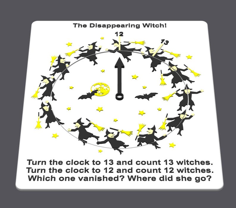 May include: A white clock face with a black hand pointing to the number 12. There are 12 black witches flying around the clock face on broomsticks. The text "The Disappearing Witch!" is at the top of the clock face. The text "Turn the clock to 13 and count 13 witches. Turn the clock to 12 and count 12 witches. Which one vanished? Where did she go?" is at the bottom of the clock face.