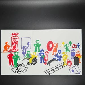 May include: A colorful illustration featuring various figures in different poses and activities. The figures are depicted in a range of colors, including red, green, blue, and yellow, against a white background. The artwork includes a wheelchair and other objects.