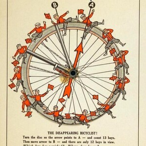 May include: A vintage optical illusion puzzle featuring a bicycle wheel with 13 boys riding around the rim. The text reads "The Disappearing Bicyclist! Turn the disc so the arrow points to A - and count 13 boys. Then move arrow to B - and there are only 12 boys in view. Which boy has vanished? Where does he go?"