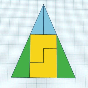 May include: A geometric design with a green triangle, a yellow rectangle with a cutout, and a blue triangle on top.