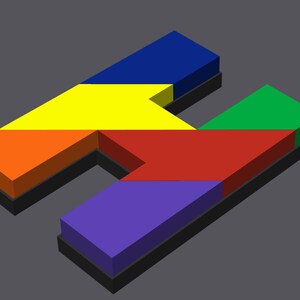 May include: A three-dimensional letter H constructed from several flat, geometric puzzle pieces. The segments are colored in vibrant shades of blue, yellow, green, orange, red, and purple, all resting on a thin black base layer.