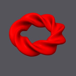 May include: A red, three-dimensional, abstract shape resembling a twisted ring or a knot. The shape is smooth and appears to be made of a soft, pliable material.