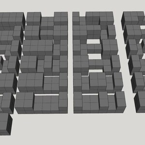 May include: A 3D model of a gray, abstract sculpture made of stacked cubes. The sculpture is composed of three sections, each with a unique arrangement of cubes.