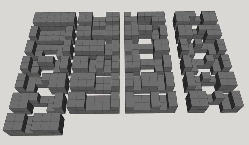 May include: A 3D model of a gray, abstract sculpture made of stacked cubes. The sculpture is composed of three sections, each with a unique arrangement of cubes.
