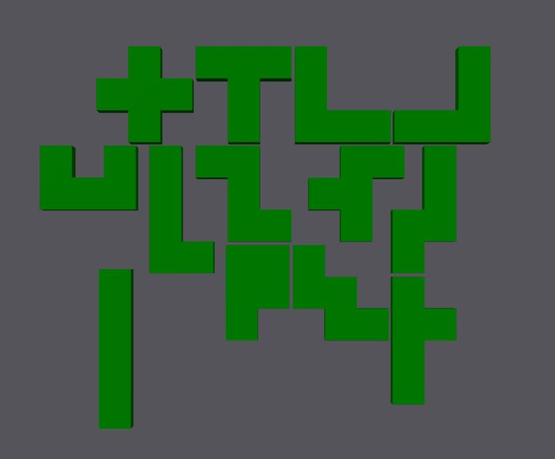 Puede incluir: Un rompecabezas Tetris verde con varias formas, incluyendo cuadrados, rect&aacute;ngulos y formas en L. Las piezas est&aacute;n dispuestas en un patr&oacute;n aleatorio.
