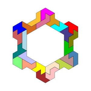 May include: A colorful geometric design made up of 16 puzzle pieces in various shapes and colors, forming a hexagonal frame.