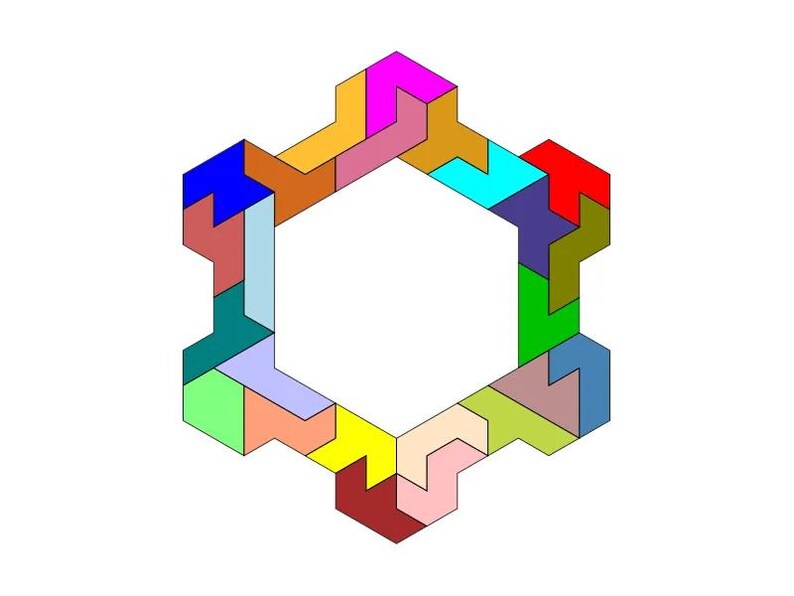 May include: A colorful geometric design made up of 16 puzzle pieces in various shapes and colors, forming a hexagonal frame.