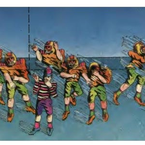 Pu&ograve; includere: Un dipinto che rappresenta una partita di football in corso. I giocatori indossano divise colorate e si trovano in diverse posizioni sul campo. Il dipinto &egrave; realizzato in stile cartone animato con tratti e movimenti esagerati.