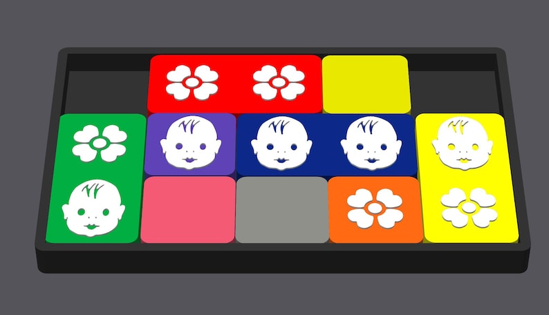 May include: A colorful game board with a variety of images, including flowers and babies. The board is made of plastic and has a black frame.