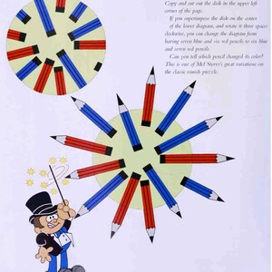 Op de afbeelding: Een visuele puzzel met een cirkel met rode en blauwe potloden die in een patroon zijn gerangschikt. De tekst "THE DISAPPEARING PENCIL" staat bovenaan de afbeelding. De puzzel vraagt ​​de kijker om te bepalen welk potlood van kleur is veranderd.