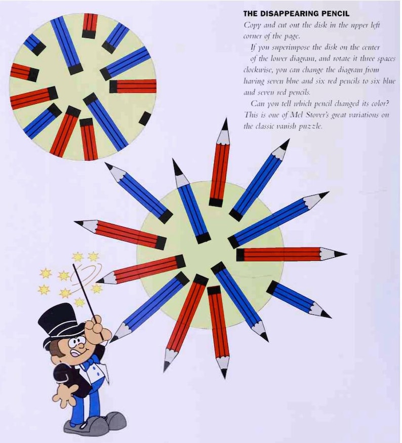 Op de afbeelding: Een visuele puzzel met een cirkel met rode en blauwe potloden die in een patroon zijn gerangschikt. De tekst "THE DISAPPEARING PENCIL" staat bovenaan de afbeelding. De puzzel vraagt ​​de kijker om te bepalen welk potlood van kleur is veranderd.