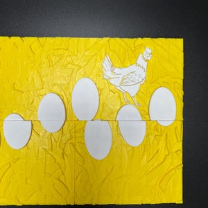 May include: A yellow background with a white chicken and white eggs. The chicken is standing on top of the eggs.