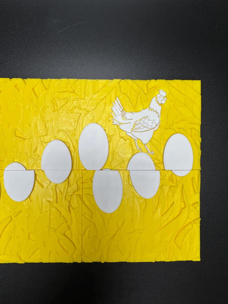 May include: A yellow background with a white chicken and white eggs. The chicken is standing on top of the eggs.