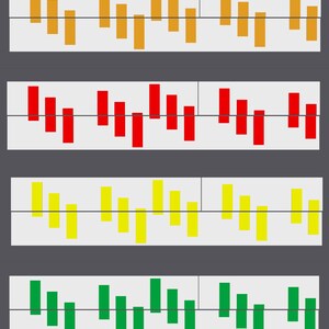 May include: A visual representation of a musical scale with six different colored bars. The bars are arranged in ascending order from left to right, with the first bar being gray, the second orange, the third red, the fourth yellow, the fifth green, and the sixth blue.