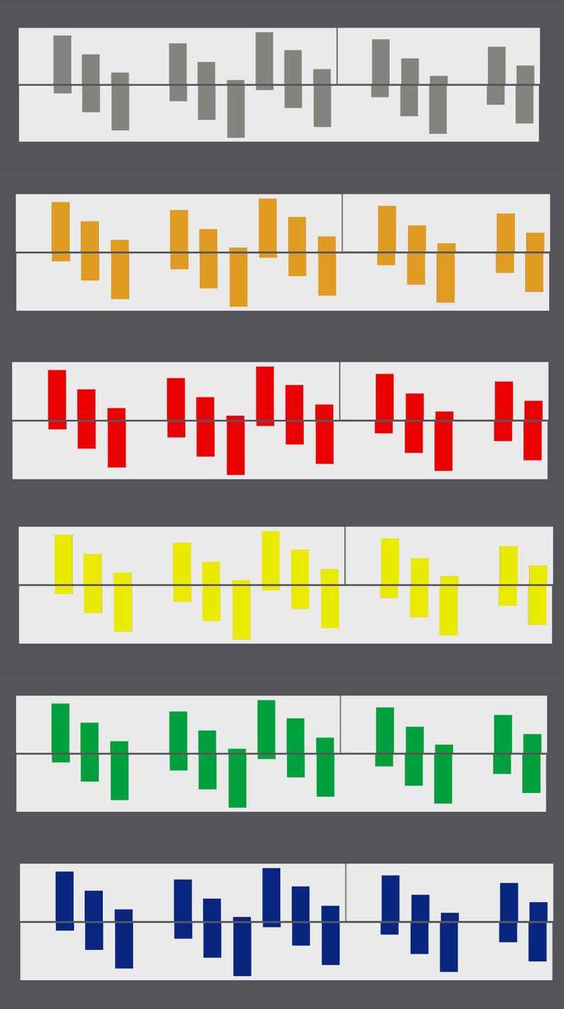 May include: A visual representation of a musical scale with six different colored bars. The bars are arranged in ascending order from left to right, with the first bar being gray, the second orange, the third red, the fourth yellow, the fifth green, and the sixth blue.
