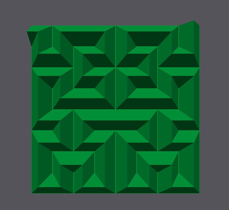 May include: A green geometric pattern with a 3D effect. The pattern is made up of squares and triangles.