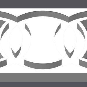 May include: A 3D-rendered white abstract design on a gray background. The design features three interconnected oval shapes, each with a curved, open center. The shapes are outlined with a thick, white border, creating a sense of depth and dimension.