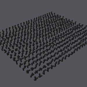 May include: A dense arrangement of small, dark gray, three-dimensional shapes, resembling stylized crosses or connectors, fills the frame. The objects are evenly spaced and create a textured surface against a solid gray background.
