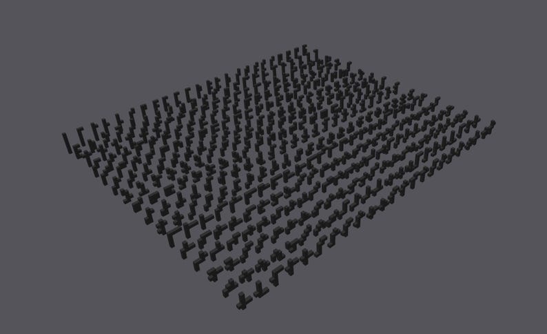 May include: A dense arrangement of small, dark gray, three-dimensional shapes, resembling stylized crosses or connectors, fills the frame. The objects are evenly spaced and create a textured surface against a solid gray background.