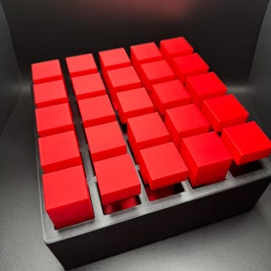 May include: A black tray with 36 red square blocks arranged in a grid pattern.