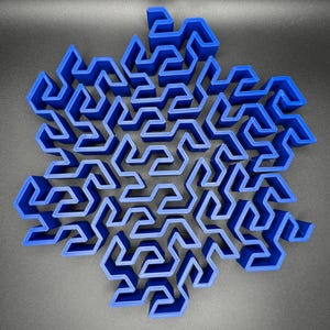 May include: A blue 3D printed snowflake shaped maze. The maze is made up of many small, intricate paths that wind and turn.