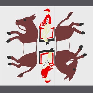 May include: A white background with two brown donkeys facing opposite directions. Each donkey has a rider wearing a red and white outfit with a red cap. The riders are facing each other.