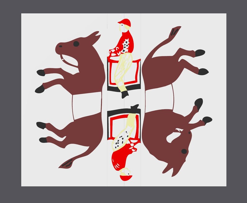 May include: A white background with two brown donkeys facing opposite directions. Each donkey has a rider wearing a red and white outfit with a red cap. The riders are facing each other.