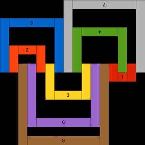 May include: Abstract geometric design composed of rectangular shapes in various colors. The design includes blue, orange, green, yellow, purple, brown, and gray blocks arranged against a black background. The shapes are interconnected.