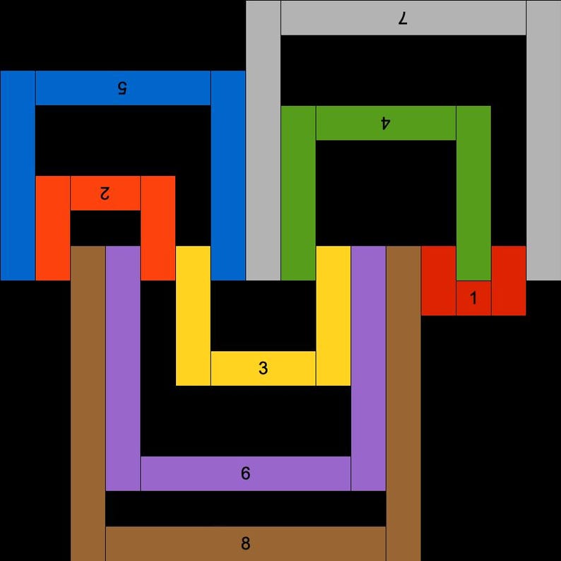 May include: Abstract geometric design composed of rectangular shapes in various colors. The design includes blue, orange, green, yellow, purple, brown, and gray blocks arranged against a black background. The shapes are interconnected.