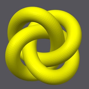May include: A 3D rendered yellow torus knot, a mathematical shape, against a gray background. The knot is formed by interwoven, rounded tubes, creating a continuous, looping structure. The lighting highlights the curves and textures of the form.