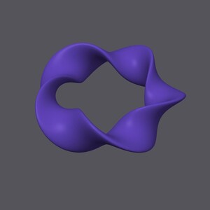 May include: A purple abstract 3D shape with a hole in the center. The shape is twisted and curved, creating a unique and modern design.