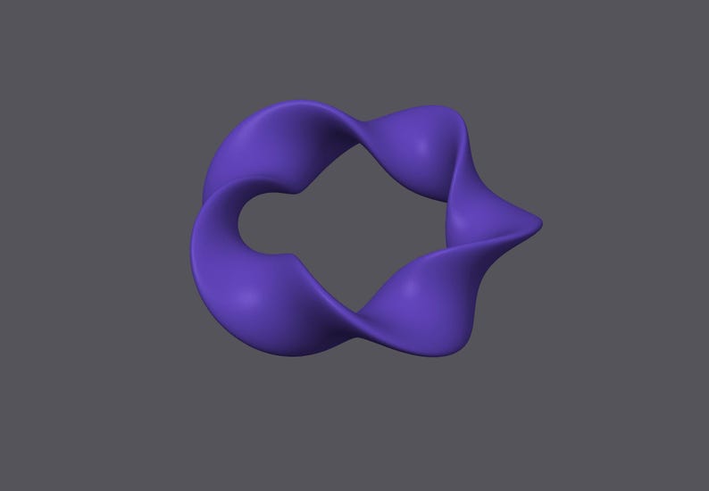 May include: A purple abstract 3D shape with a hole in the center. The shape is twisted and curved, creating a unique and modern design.