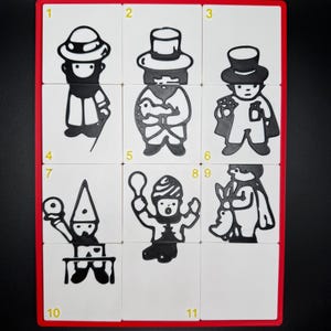 May include: A white board with black numbers 1 through 11 in a grid pattern. Each square contains a black and white illustration of a person. The illustrations are of different people wearing hats and holding different objects.
