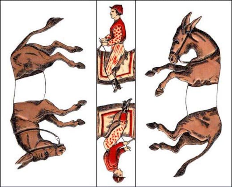 May include: A vintage illustration of a donkey with a rider in a red and white jockey outfit. The donkey is brown with a white saddle and bridle. The rider is holding the reins and is wearing a red cap. The illustration is divided into three sections, showing the donkey from different angles.