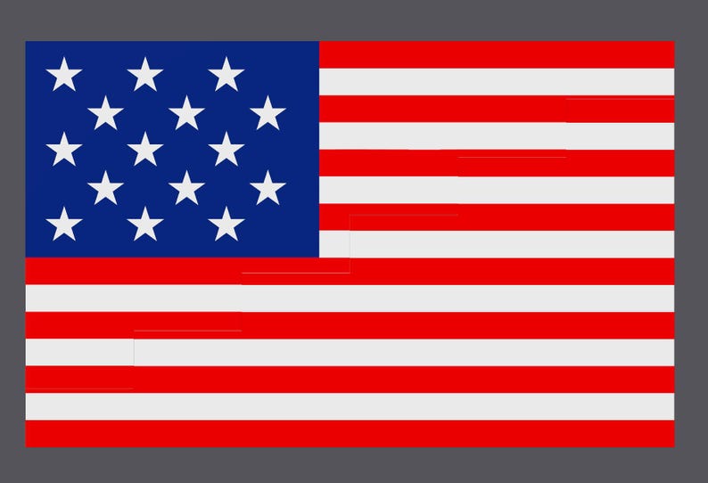 Puede incluir: Una bandera estadounidense roja, blanca y azul con 13 franjas horizontales y 13 estrellas blancas sobre un campo azul.