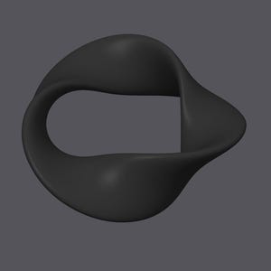 May include: A black, three-dimensional, abstract sculpture with a smooth, curved surface. The sculpture is shaped like a ring with a hole in the center.